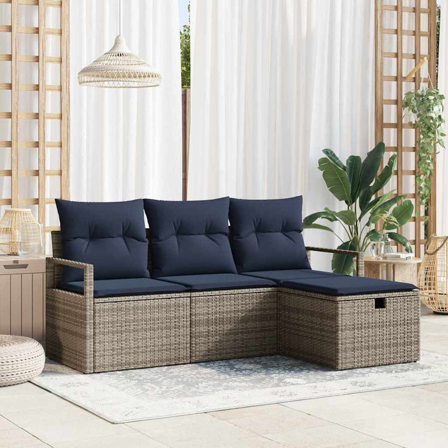 Bankstel met kussen 4 pcs Grijs en Marineblauw poly rattan