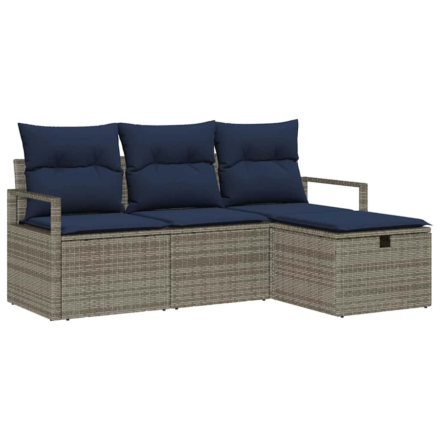 Bankstel met kussen 4 pcs Grijs en Marineblauw poly rattan