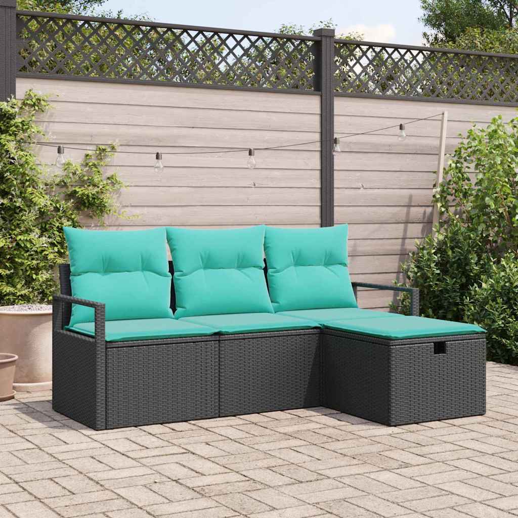Bankstel met kussen 4 pcs Zwart en Turquoise poly rattan