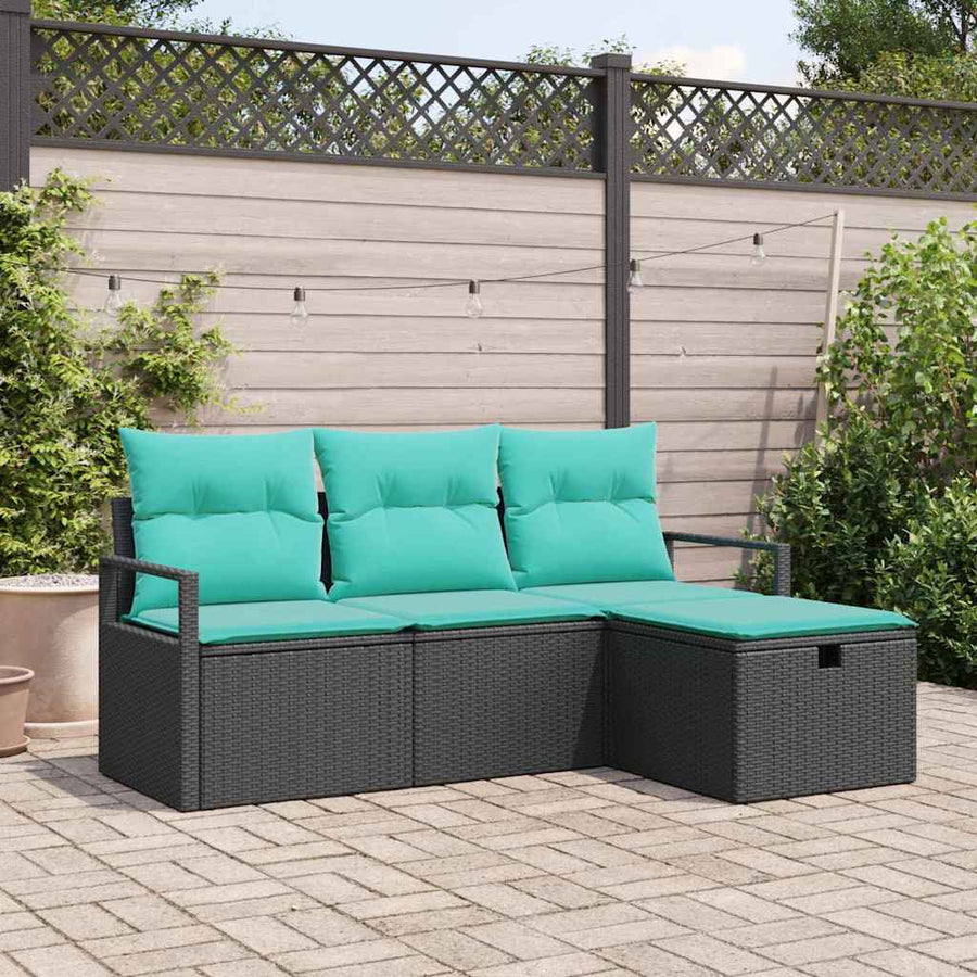 Bankstel met kussen 4 pcs Zwart en Turquoise poly rattan