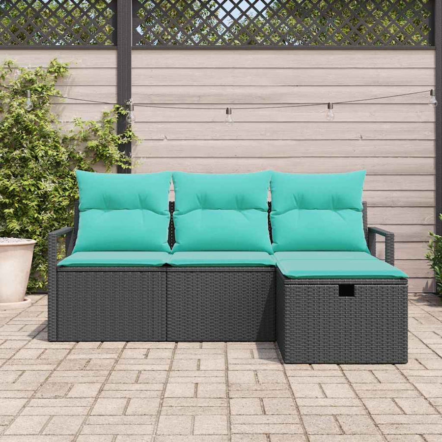 Bankstel met kussen 4 pcs Zwart en Turquoise poly rattan