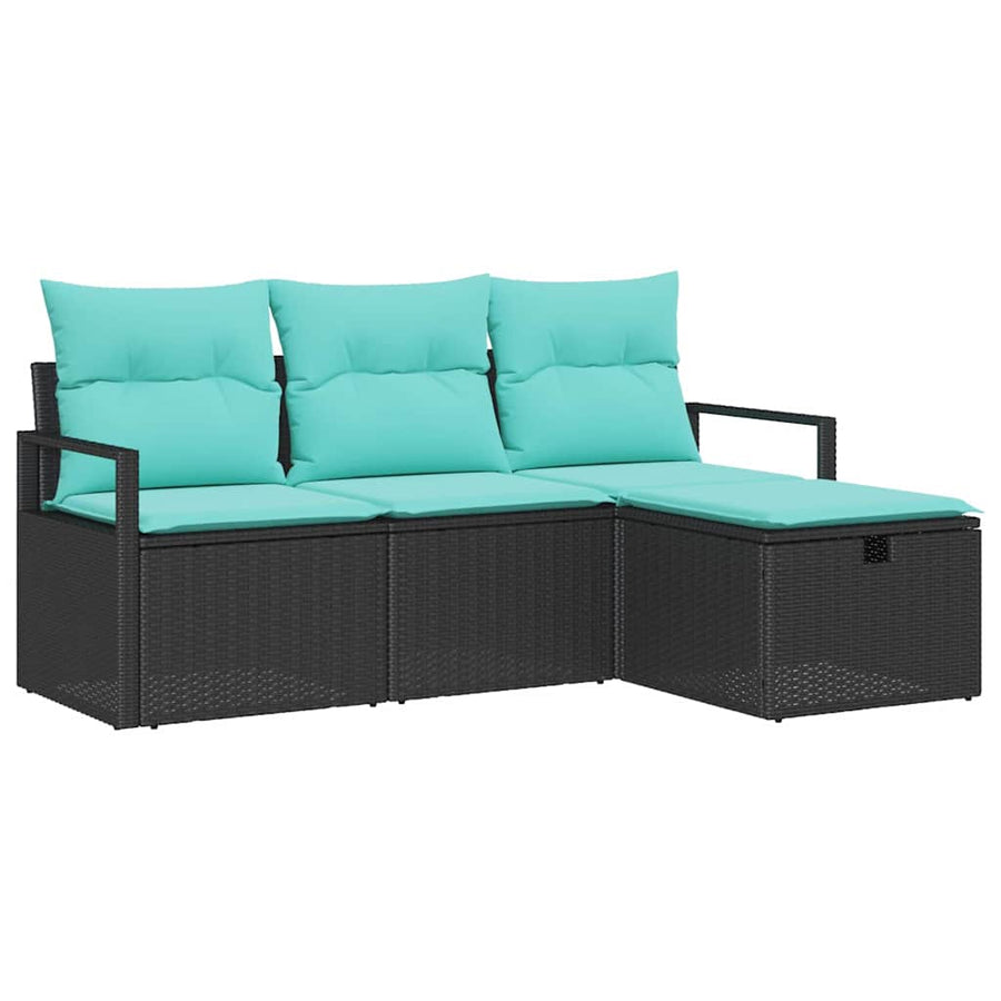 Bankstel met kussen 4 pcs Zwart en Turquoise poly rattan
