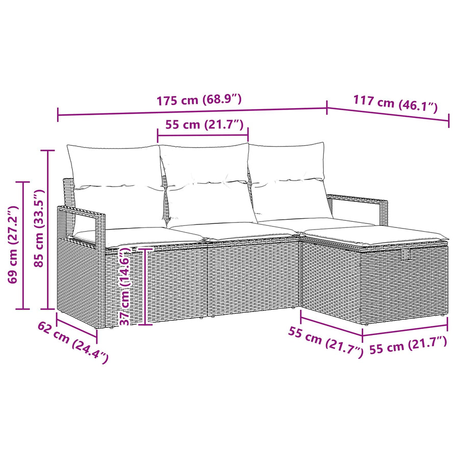 Bankstel met kussen 4 pcs Zwart en Turquoise poly rattan