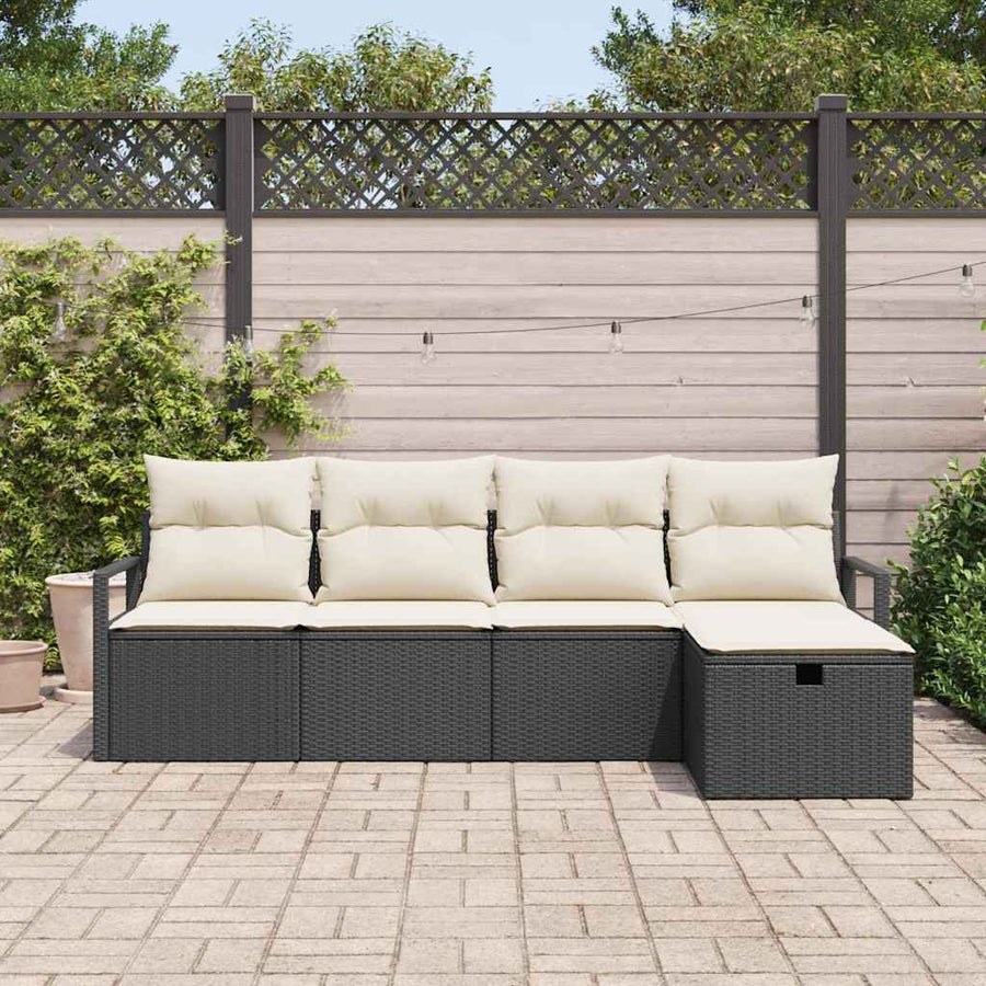 Bankstel met kussen met opslag 5 pcs Zwart en Crème poly rattan
