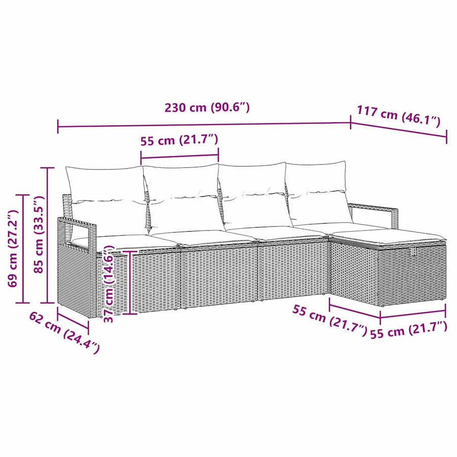 Bankstel met kussen met opslag 5 pcs Zwart en Crème poly rattan