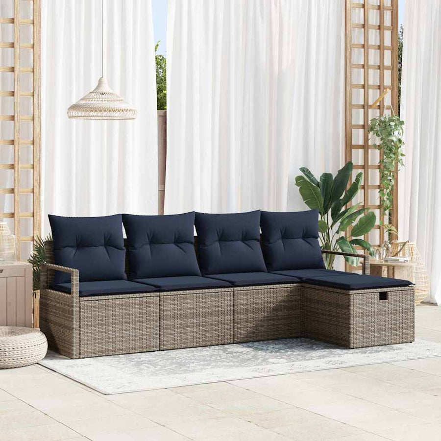 Bankstel met kussen 5 pcs Grijs en Marineblauw poly rattan