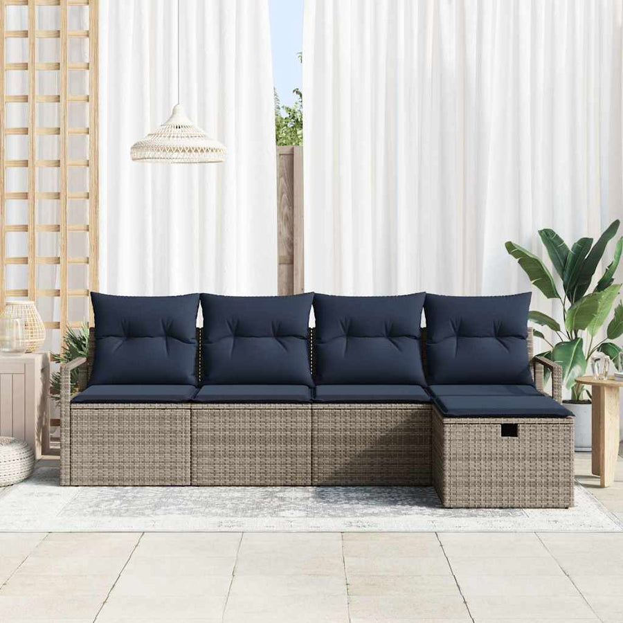 Bankstel met kussen 5 pcs Grijs en Marineblauw poly rattan