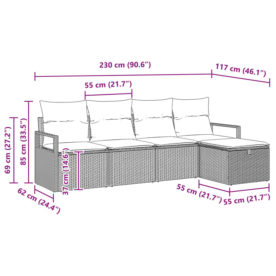 Bankstel met kussen 5 pcs Grijs en Marineblauw poly rattan