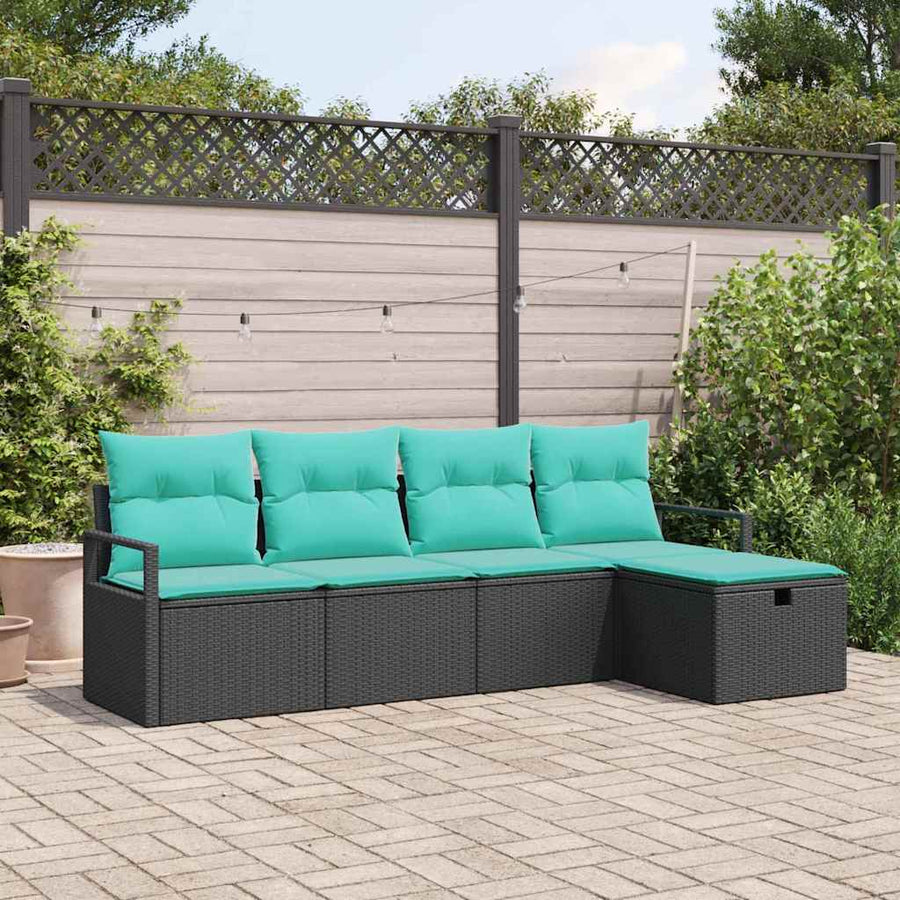 Bankstel met kussen 5 pcs Zwart en Turquoise poly rattan