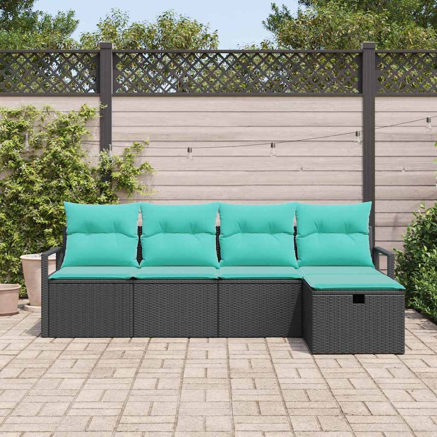 Bankstel met kussen 5 pcs Zwart en Turquoise poly rattan