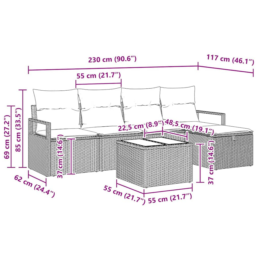 Bankstel met kussen met opslag 6 pcs Grijs poly rattan