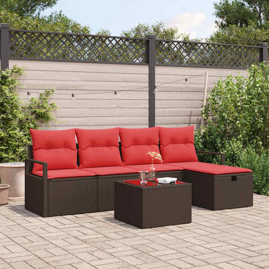 Bankstel met kussen met opslag 6 pcs Bruin en Rood poly rattan