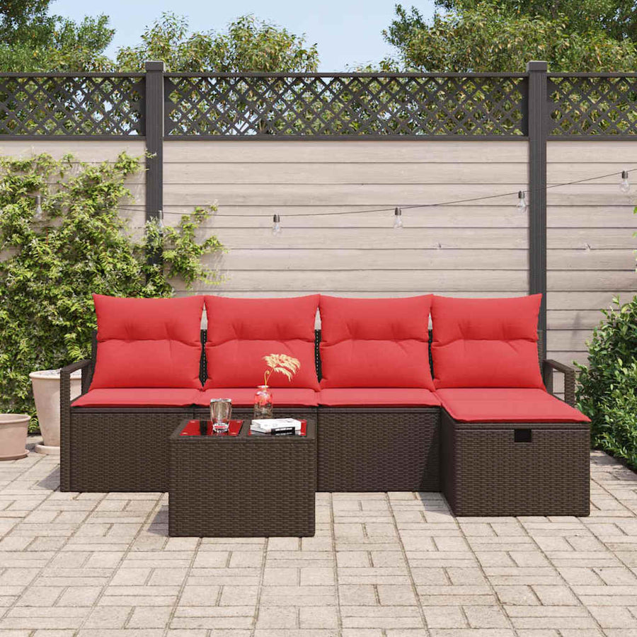 Bankstel met kussen met opslag 6 pcs Bruin en Rood poly rattan