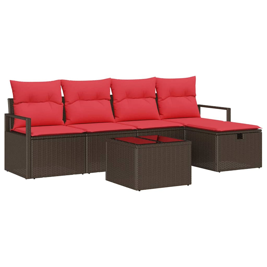 Bankstel met kussen met opslag 6 pcs Bruin en Rood poly rattan