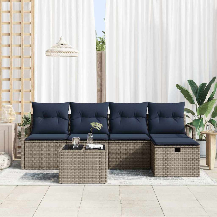 Bankstel met kussen met opslag Grijs en Marineblauw poly rattan