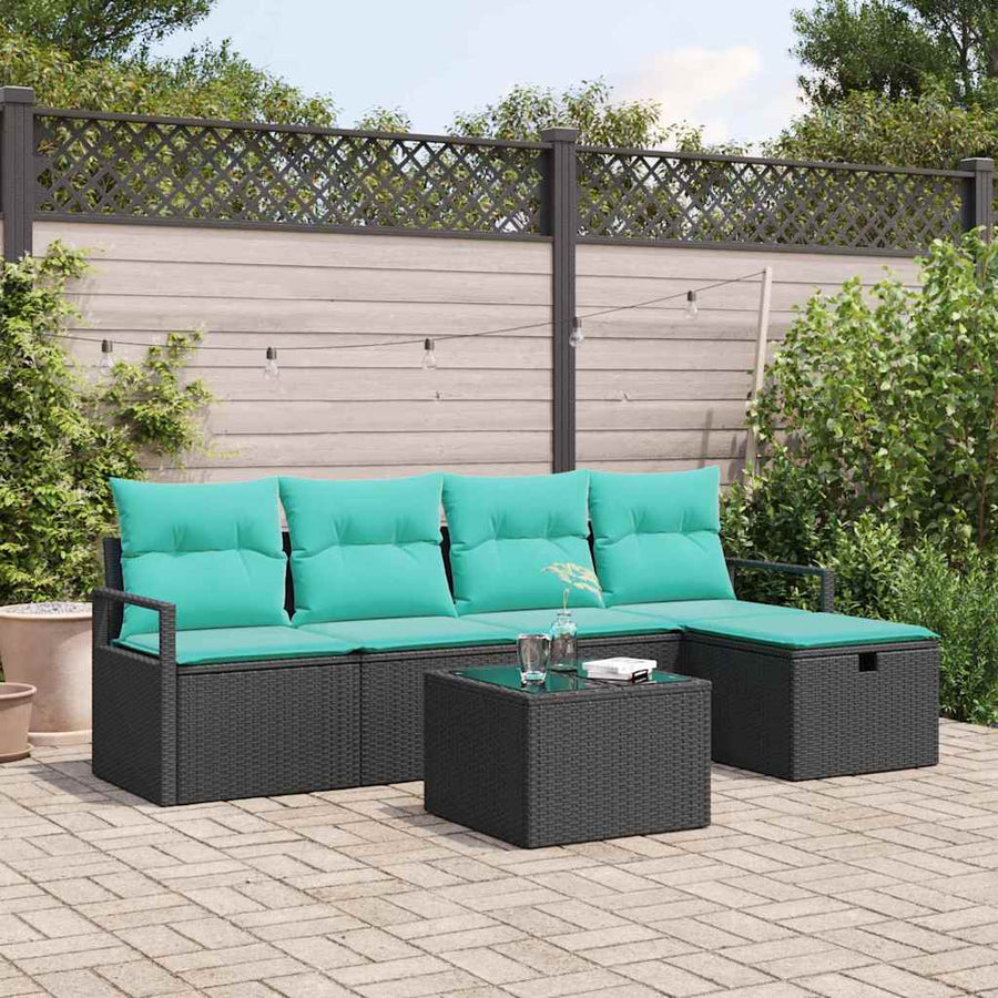 Bankstel met kussen 6 pcs Zwart en Turquoise poly rattan