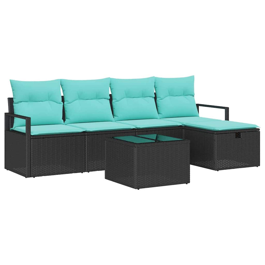 Bankstel met kussen 6 pcs Zwart en Turquoise poly rattan