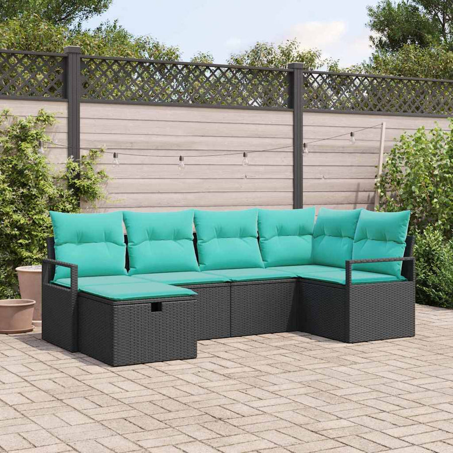 Bankstel met kussen 6 pcs Zwart en Turquoise poly rattan