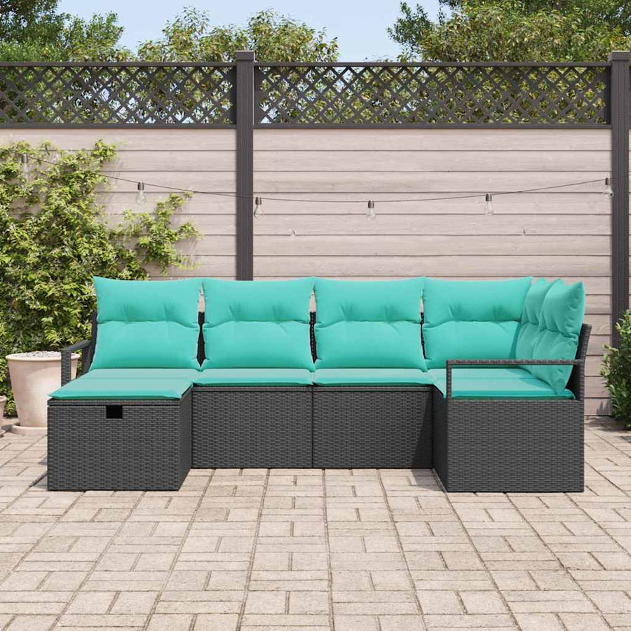 Bankstel met kussen 6 pcs Zwart en Turquoise poly rattan