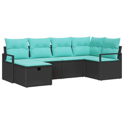Bankstel met kussen 6 pcs Zwart en Turquoise poly rattan
