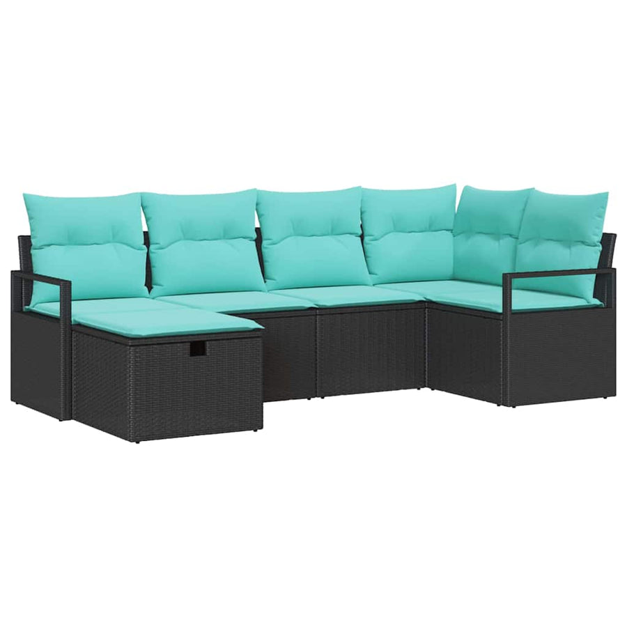 Bankstel met kussen 6 pcs Zwart en Turquoise poly rattan