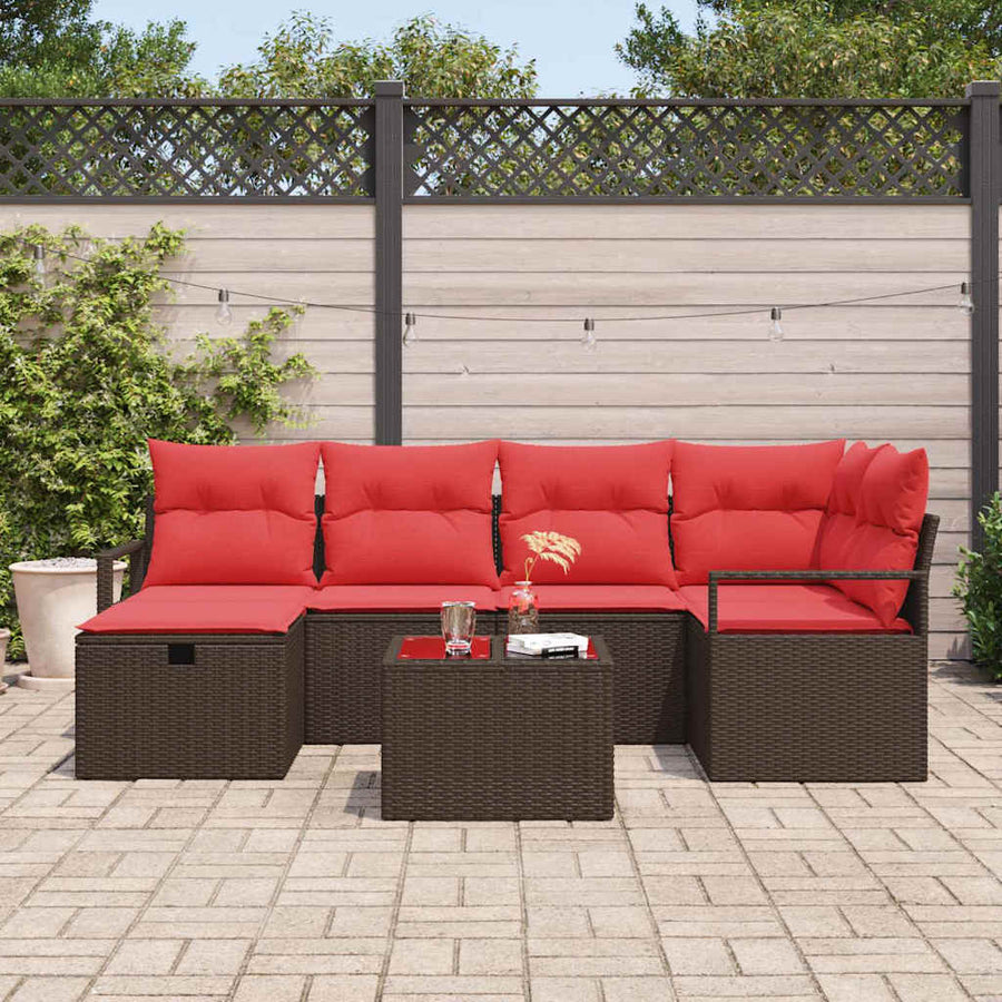 Bankstel met kussen met opslag 7 pcs Bruin en Rood poly rattan