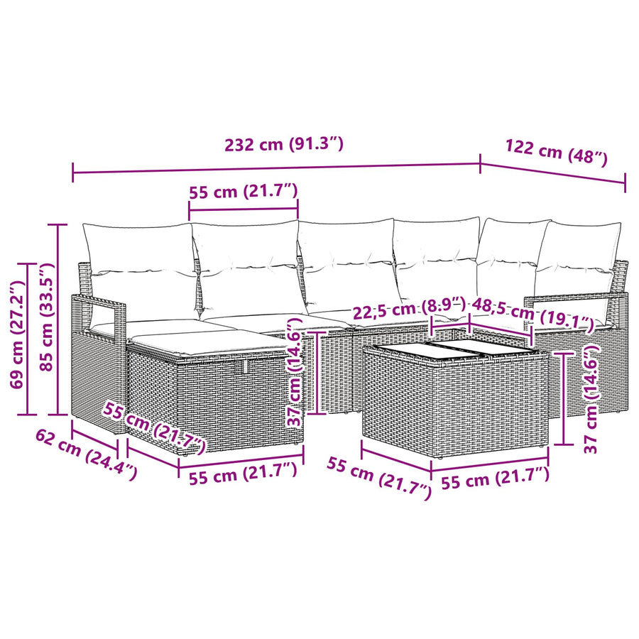 Bankstel met kussen met opslag 7 pcs Bruin en Rood poly rattan