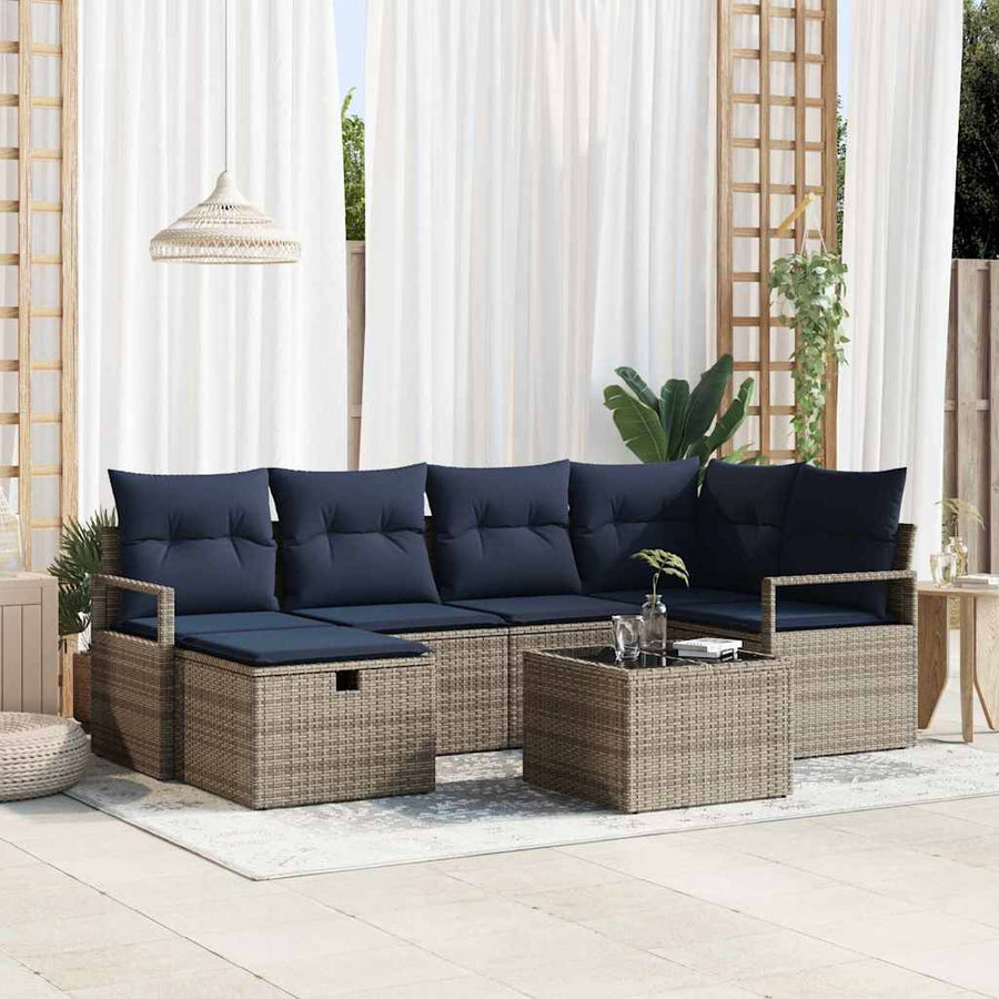 Bankstel met kussen met opslag Grijs en Marineblauw poly rattan