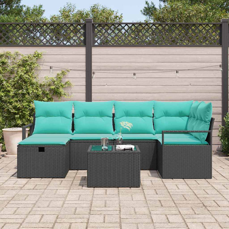 Bankstel met kussen 7 pcs Zwart en Turquoise poly rattan