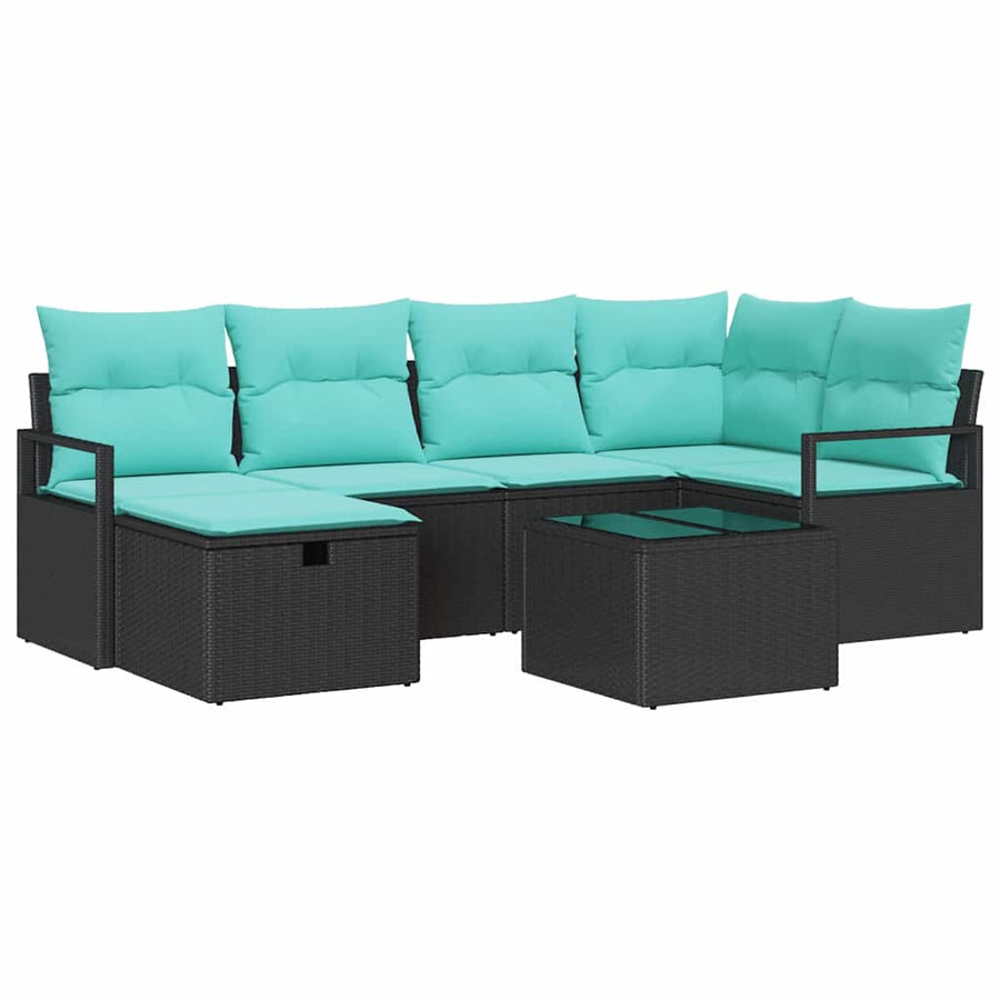 Bankstel met kussen 7 pcs Zwart en Turquoise poly rattan