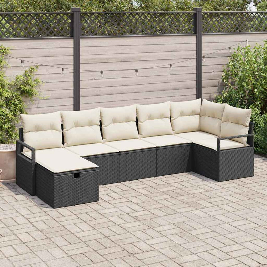 Bankstel met kussen met opslag 7 pcs Zwart en Crème poly rattan
