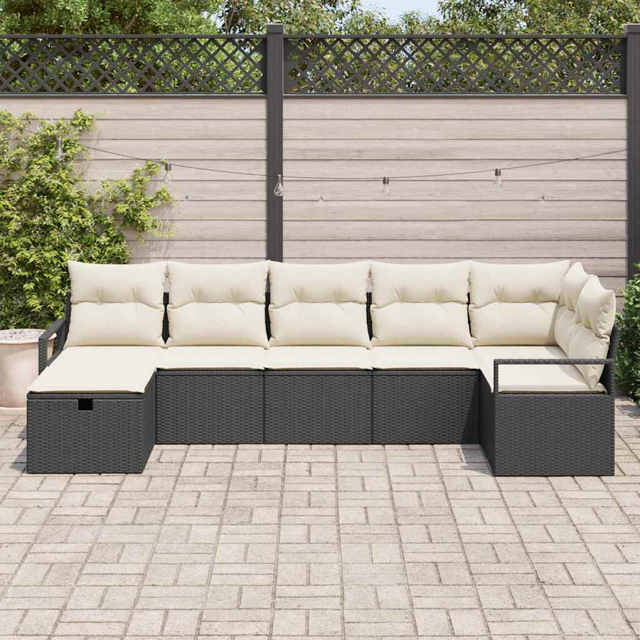 Bankstel met kussen met opslag 7 pcs Zwart en Crème poly rattan