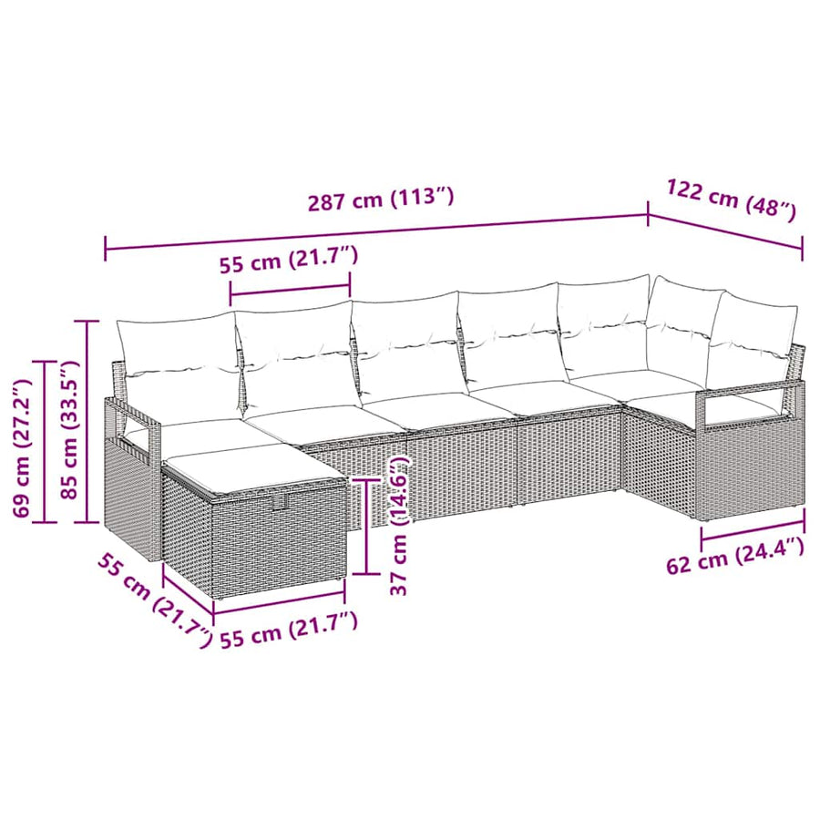 Bankstel met kussen met opslag 7 pcs Zwart en Crème poly rattan