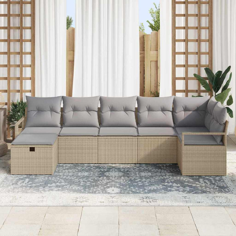 Bankstel met kussen 7 pcs Beige en Licht Grijs poly rattan