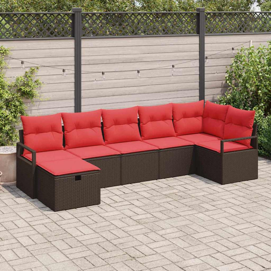 Bankstel met kussen met opslag 7 pcs Bruin en Rood poly rattan