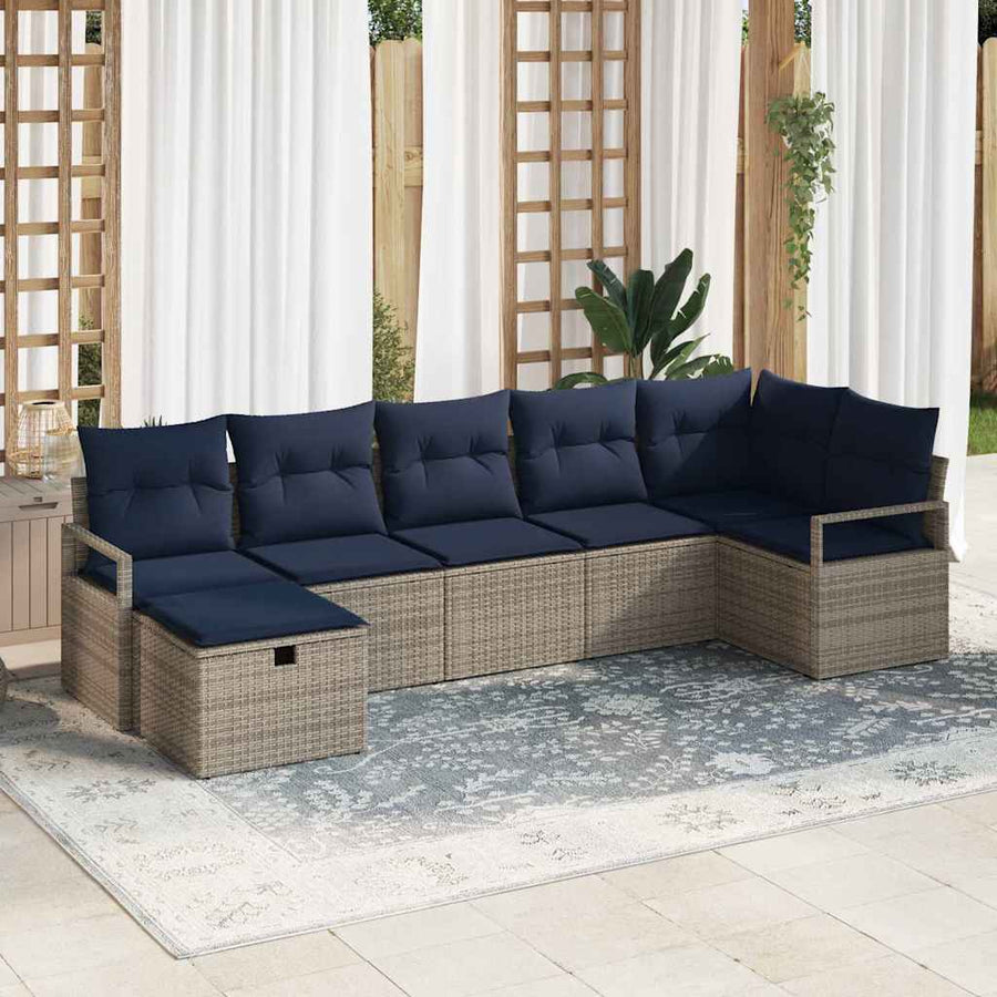 Bankstel met kussen 7 pcs Grijs en Marineblauw poly rattan