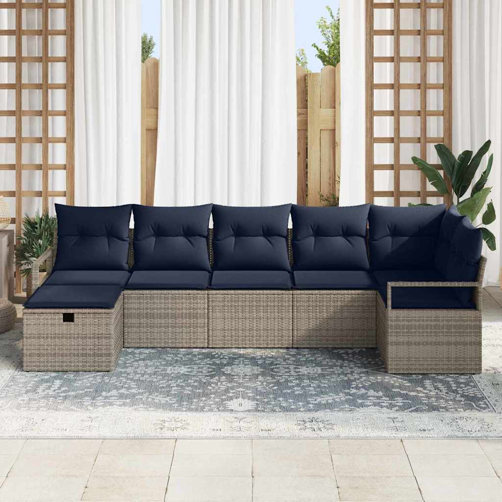Bankstel met kussen 7 pcs Grijs en Marineblauw poly rattan
