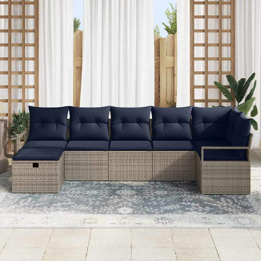 Bankstel met kussen 7 pcs Grijs en Marineblauw poly rattan