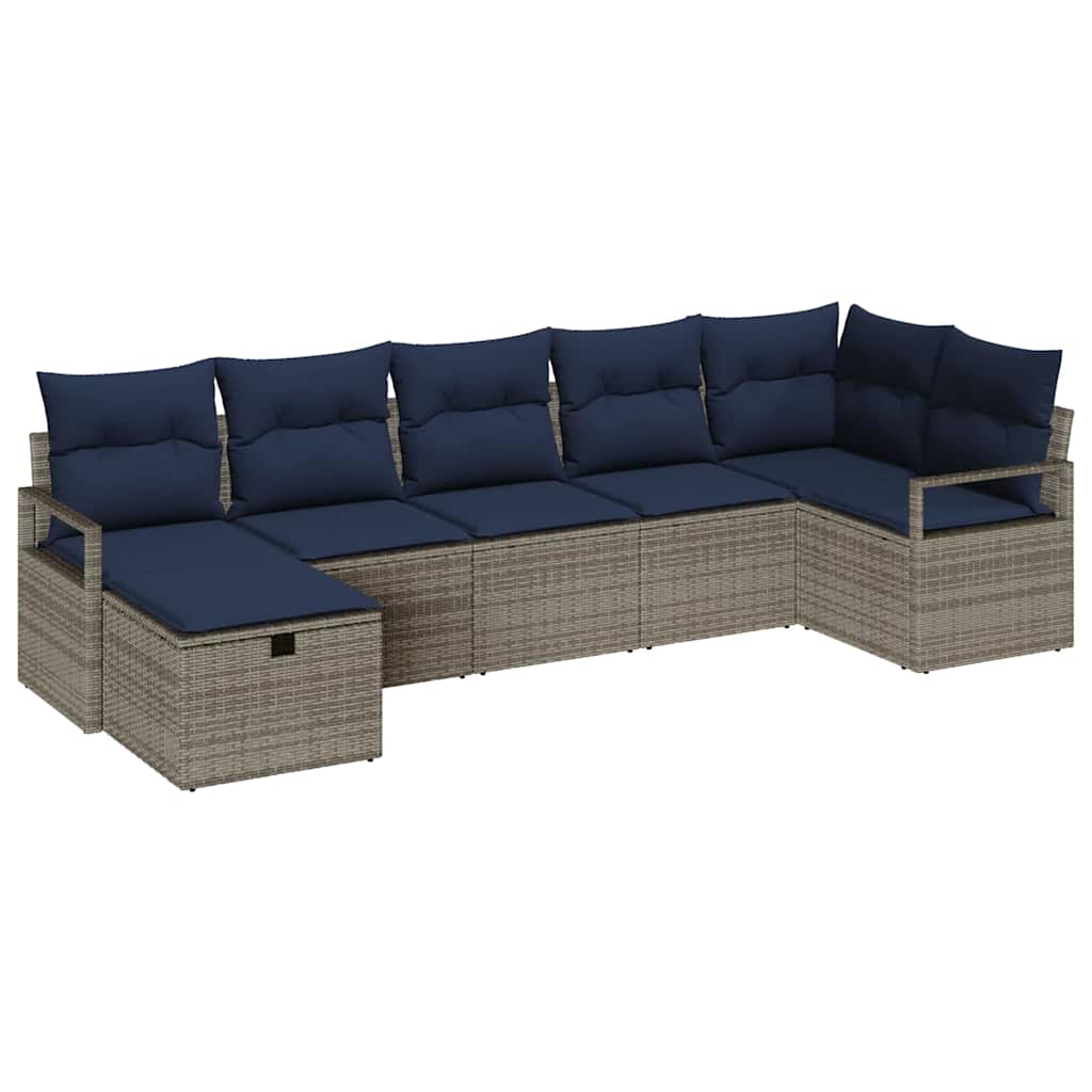 Bankstel met kussen 7 pcs Grijs en Marineblauw poly rattan