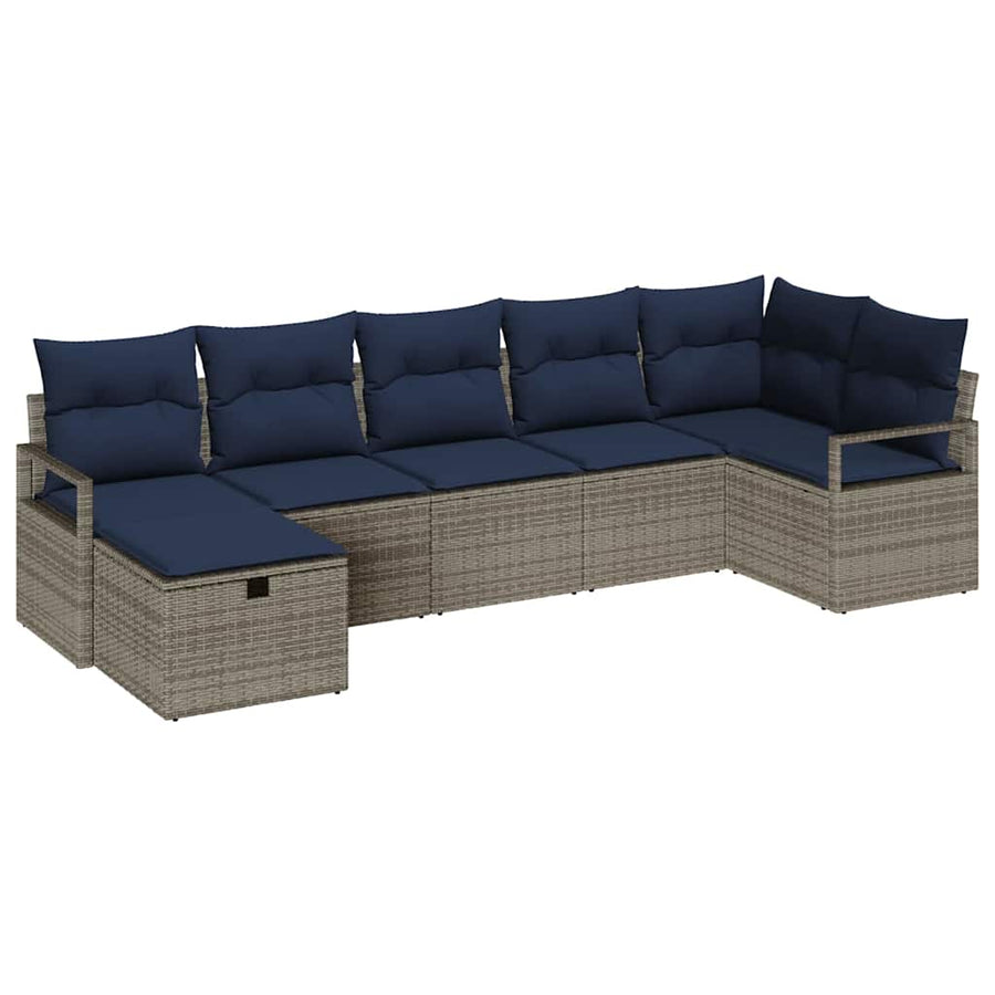 Bankstel met kussen 7 pcs Grijs en Marineblauw poly rattan