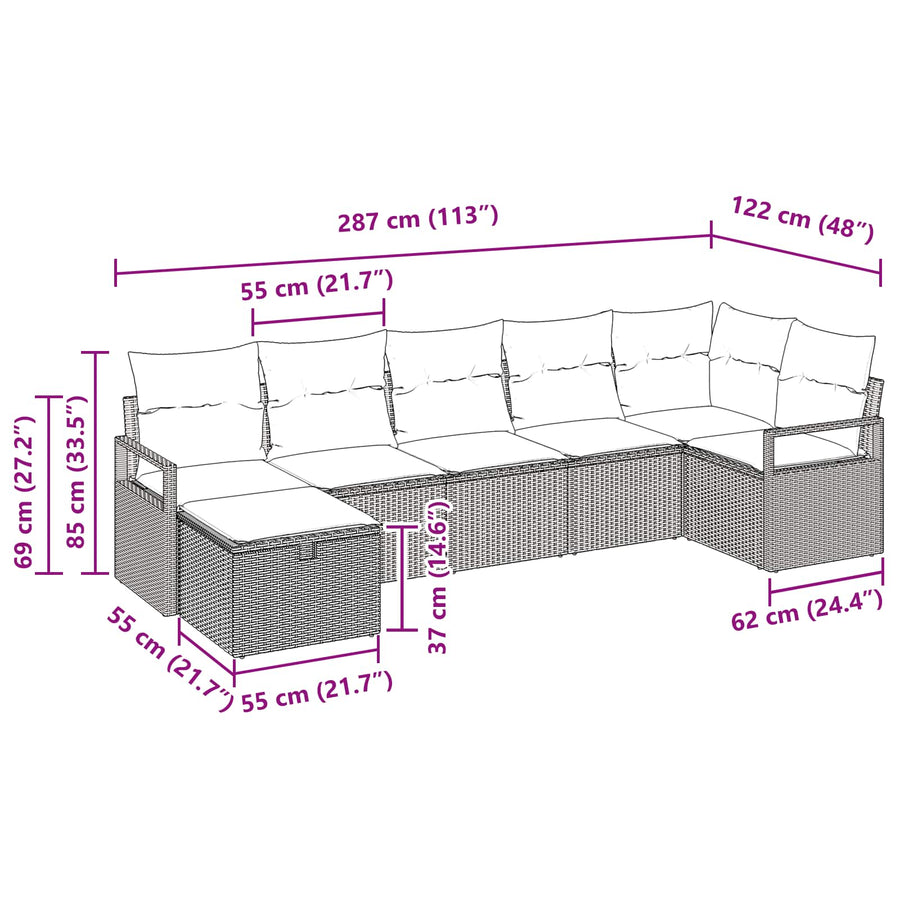 Bankstel met kussen 7 pcs Grijs en Marineblauw poly rattan