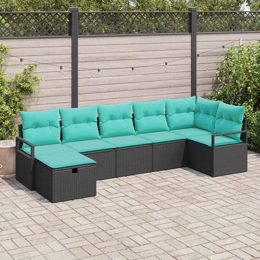 Bankstel met kussen 7 pcs Zwart en Turquoise poly rattan