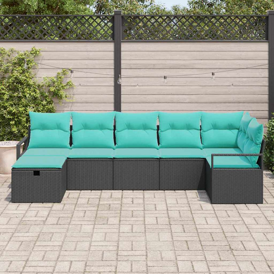 Bankstel met kussen 7 pcs Zwart en Turquoise poly rattan