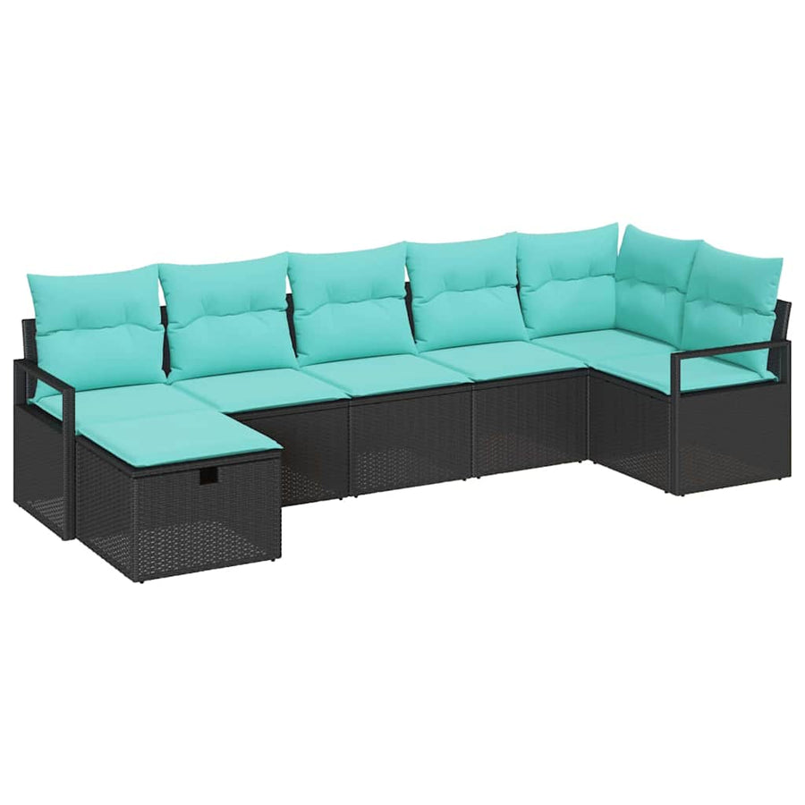 Bankstel met kussen 7 pcs Zwart en Turquoise poly rattan