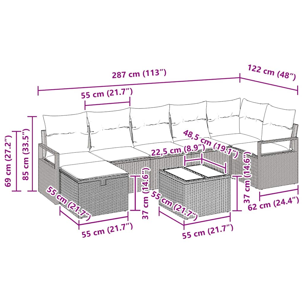 Bankstel Met Kussen Met Opslag 8 Pcs Poly Rattan Grijs Donkergrijs met tafel