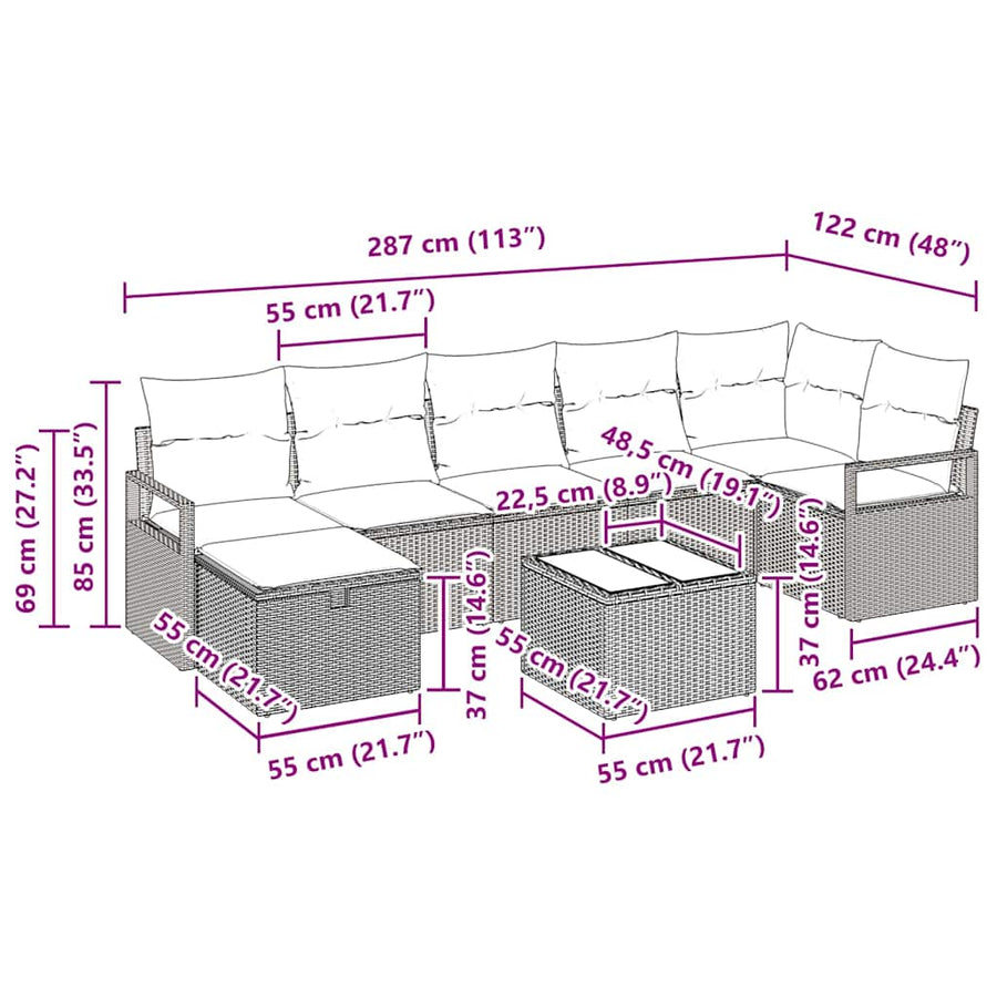 Bankstel Met Kussen Met Opslag 8 Pcs Poly Rattan Grijs Donkergrijs met tafel