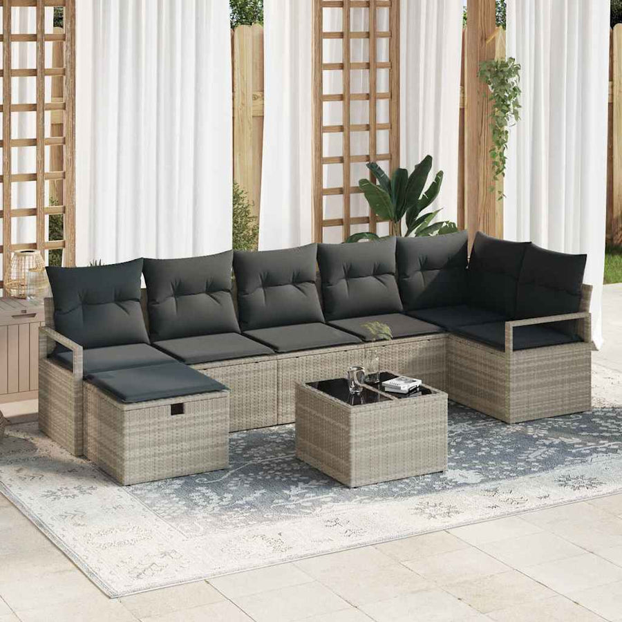 Bankstel met kussen met opslag 8 pcs Lichtgrijs poly rattan