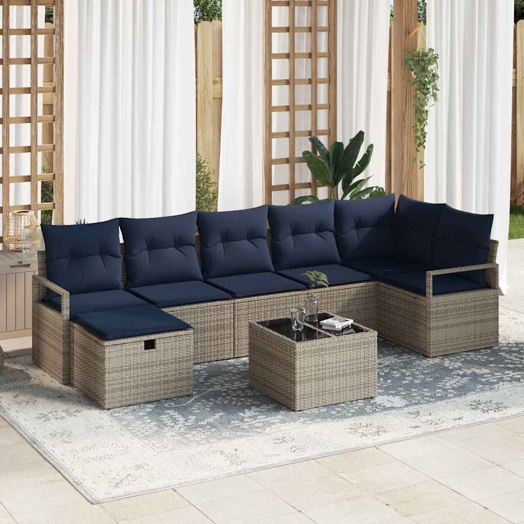 Bankstel met kussen 8 pcs Grijs en Marineblauw poly rattan