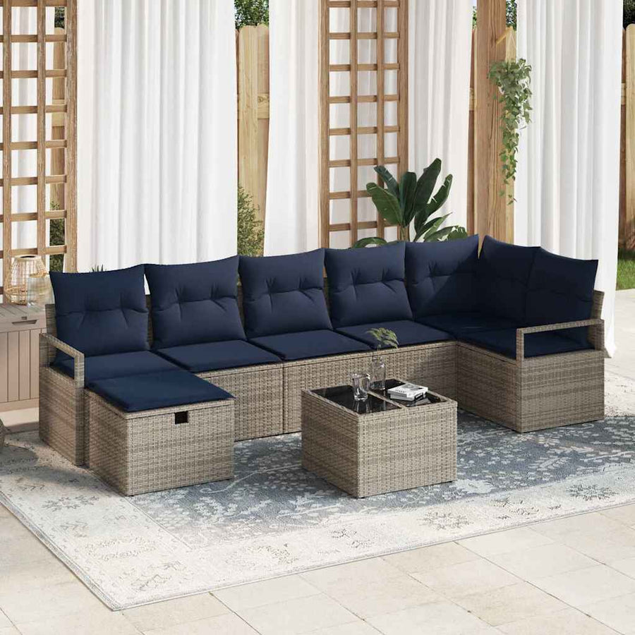 Bankstel met kussen 8 pcs Grijs en Marineblauw poly rattan