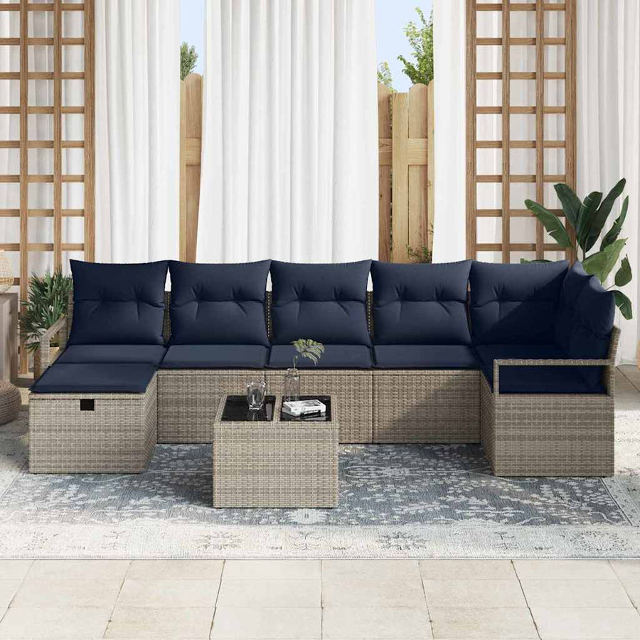 Bankstel met kussen 8 pcs Grijs en Marineblauw poly rattan